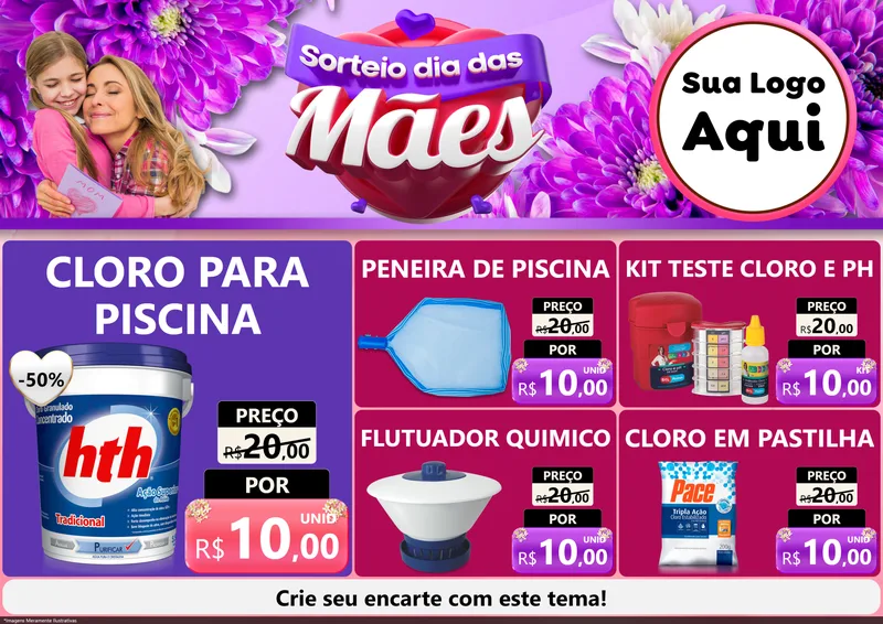 Modelo de Encarte para Encarte A4 Horizontal com o tema Sorteio Dia das Mães para Produtos para Piscina