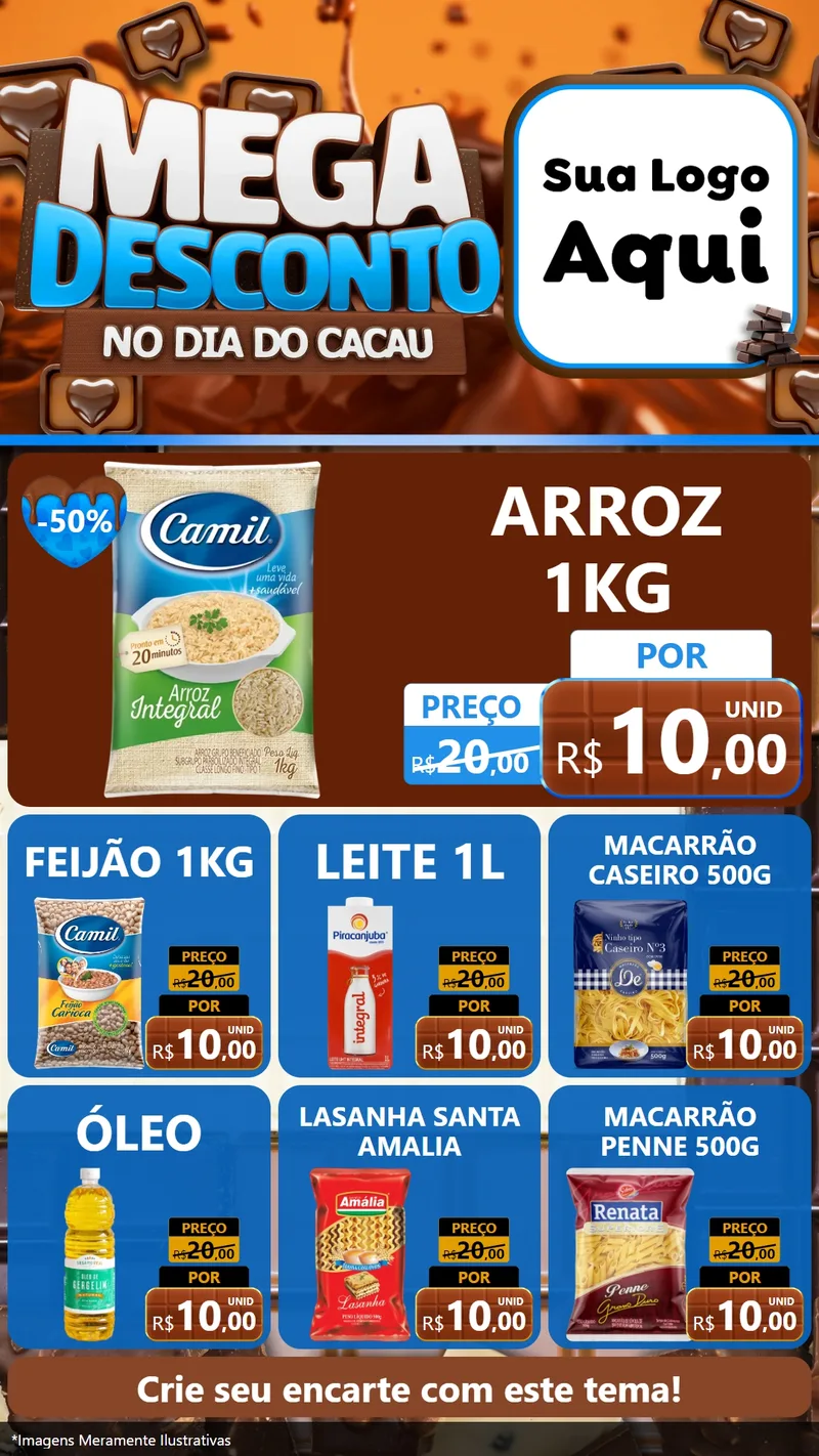 Modelo de Rede Social para Stories com o tema Mega Desconto no Dia do Cacau para Supermercado
