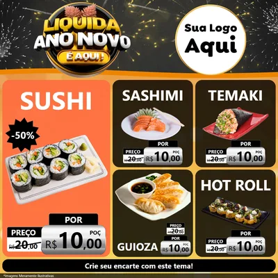 Modelo de Rede Social para Feed Facebook com o tema Liquida Ano Novo É Aqui! para Comida japonesa