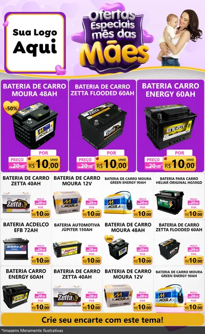 Modelo de Encarte para Encarte Grande com o tema Ofertas Especiais - Mês das Mães para Baterias Elétricas