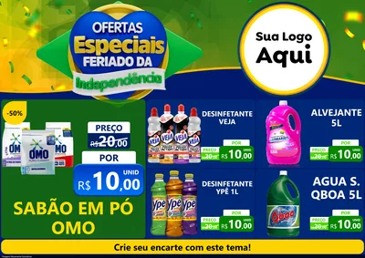 Modelo de Encarte para Encarte A4 Horizontal com o tema Ofertas Especiais Feriado da Independência para Produtos de Limpeza