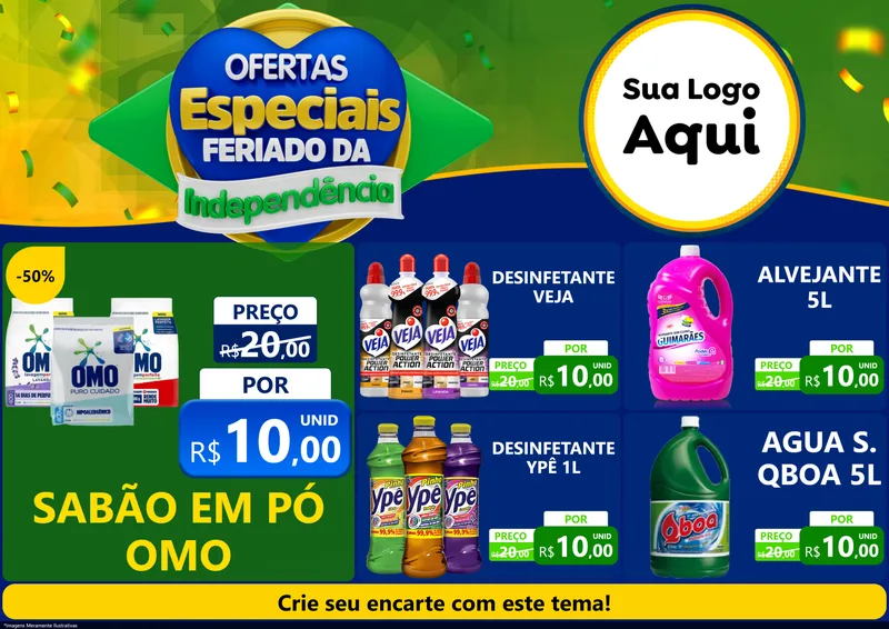Modelo de Encarte para Encarte A4 Horizontal com o tema Ofertas Especiais Feriado da Independência para Produtos de Limpeza