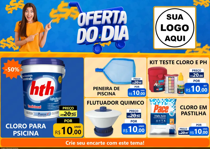 Modelo de Encarte para Encarte A4 Horizontal com o tema Oferta do Dia para Produtos para Piscina
