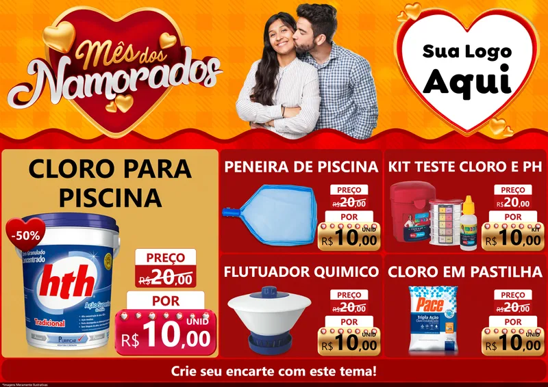 Modelo de Encarte para Encarte A4 Horizontal com o tema Mês dos Namorados para Produtos para Piscina