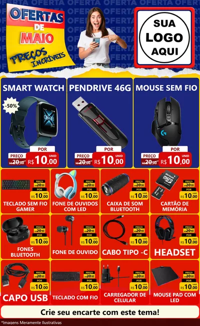 Modelo de Encarte para Encarte Grande com o tema Ofertas de Maio - Preços Incríveis para Informática