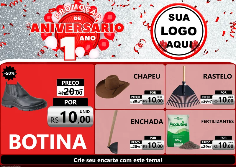 Modelo de Encarte para Encarte A4 Horizontal com o tema Promoção de Aniversário - 1 Ano para Agropecuária