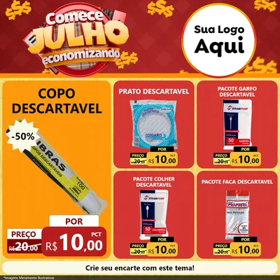 Modelo de Rede Social para Feed Facebook com o tema Comece Julho Economizando para Embalagens
