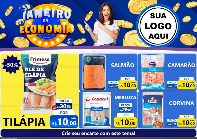 Modelo de Encarte para Encarte A4 Horizontal com o tema Janeiro da Economia para Peixaria