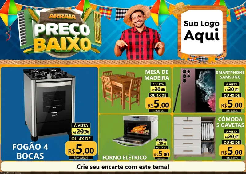 Modelo de Encarte para Encarte A4 Horizontal com o tema Arraiá de Preço Baixo - Junina para Móveis e Eletro