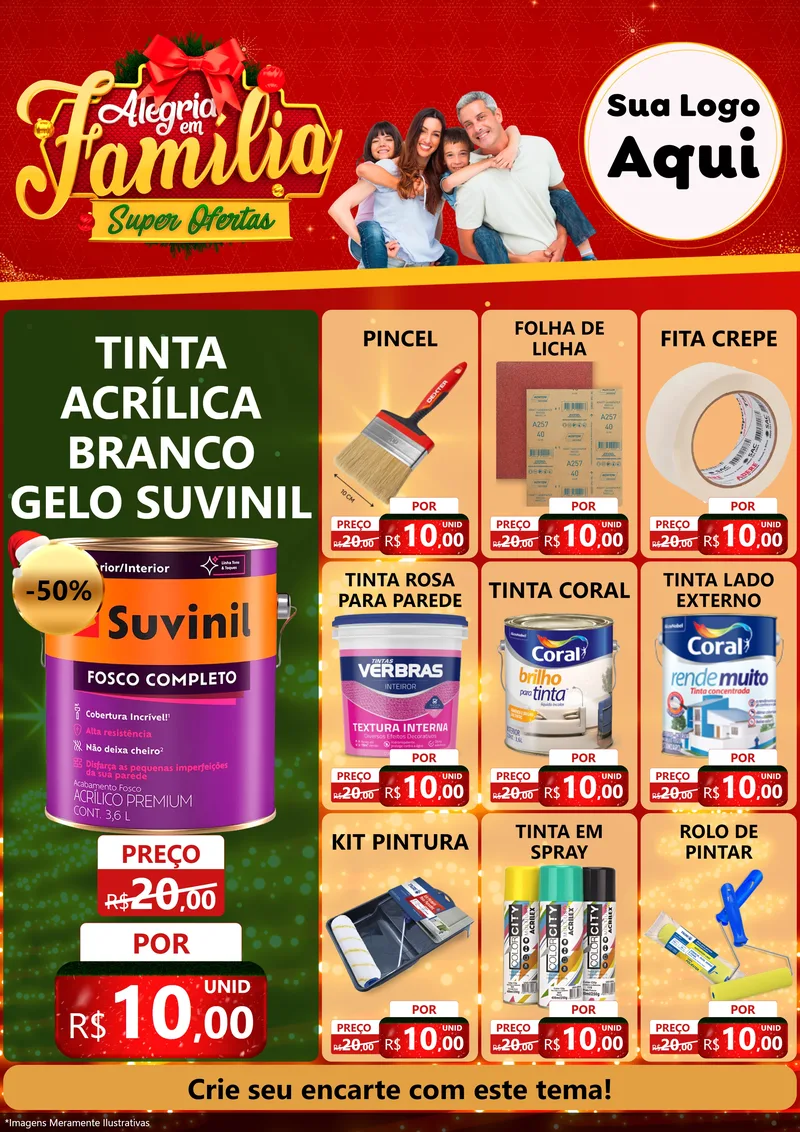 Modelo de Encarte para Encarte A4 Vertical com o tema Alegria em Família Super Ofertas - Natal para Tintas e Ferramentas