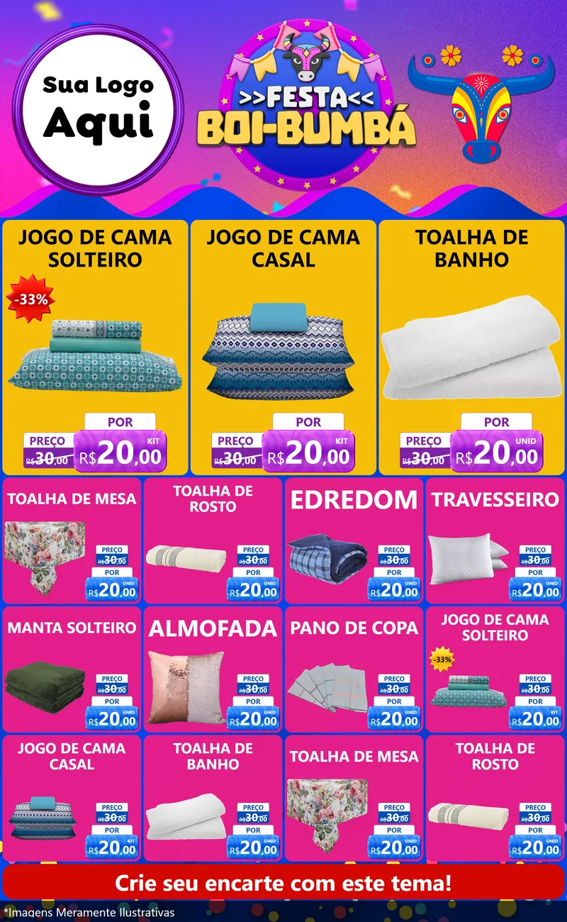 Modelo de Encarte para Encarte Grande com o tema Festa Boi-Bumbá para Cama, Mesa e Banho