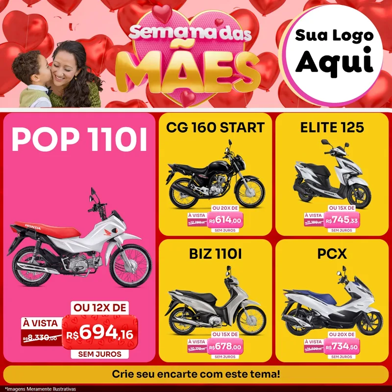 Modelo de Rede Social para Feed Facebook com o tema Semana Das Mães para Concessionaria de Motos