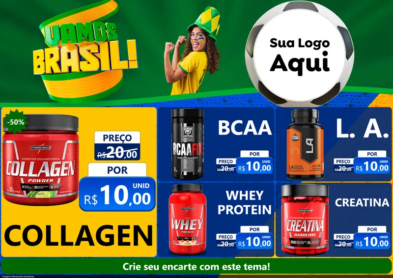 Modelo de Encarte para Encarte A4 Horizontal com o tema Vamos Brasil - Copa para Suplementos alimentares