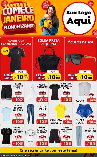 Modelo de Encarte para Encarte Grande com o tema Comece Janeiro Economizando para Roupas e acessórios