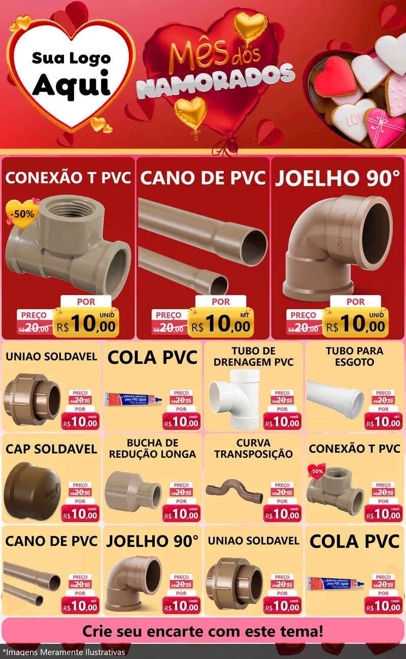 Modelo de Encarte para Encarte Grande com o tema Mês dos Namorados para Tubos e conexões