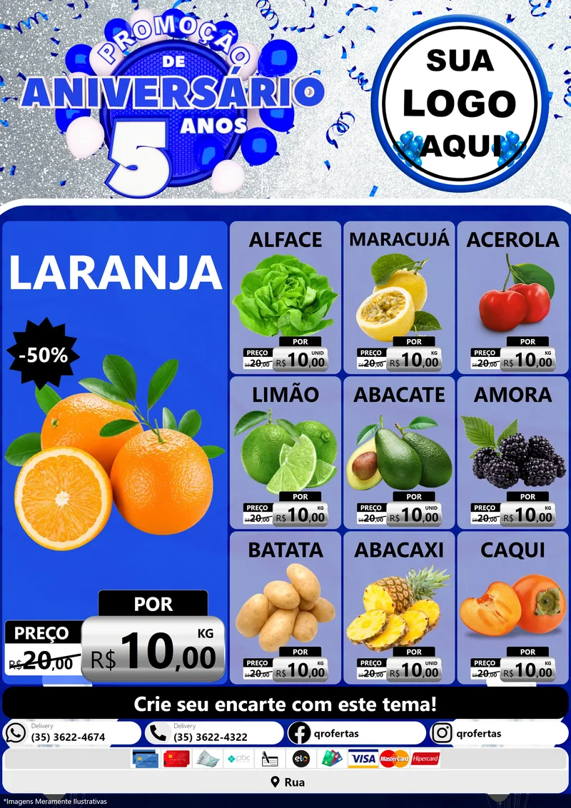 Modelo de Encarte para Encarte A4 Vertical com o tema Promoção de Aniversário - 5 Anos para Hortifrúti