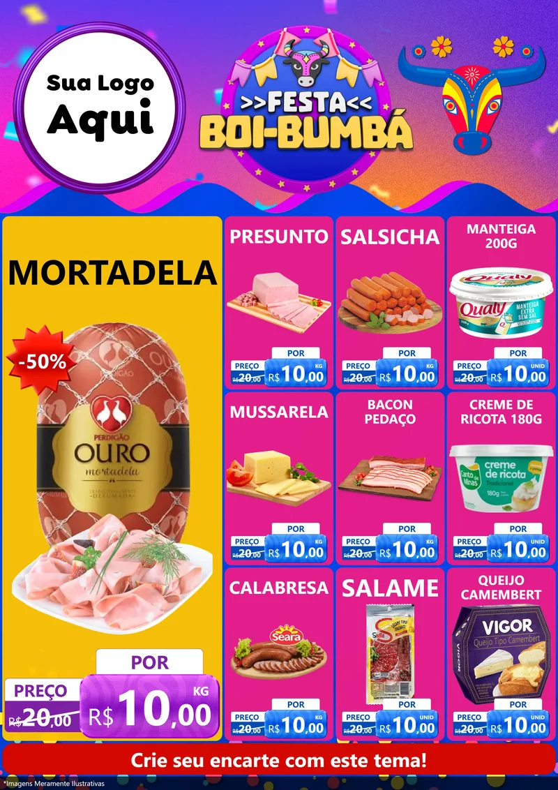 Modelo de Encarte para Encarte A4 Vertical com o tema Festa Boi-Bumbá para Frios e Laticínios
