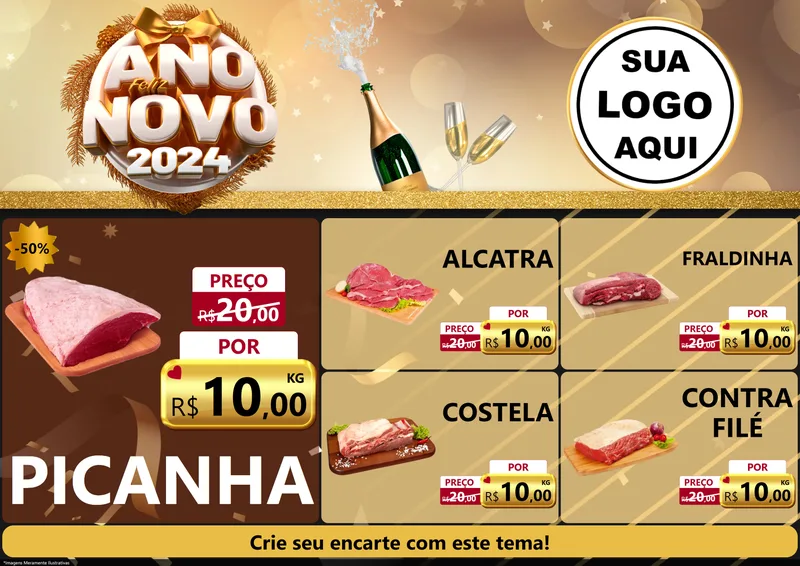 Modelo de Encarte para Encarte A4 Horizontal com o tema Feliz Ano Novo 2027 para Açougue