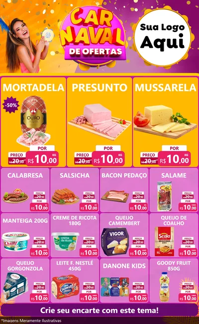 Modelo de Encarte para Encarte Grande com o tema Carnaval de Ofertas para Frios e Laticínios