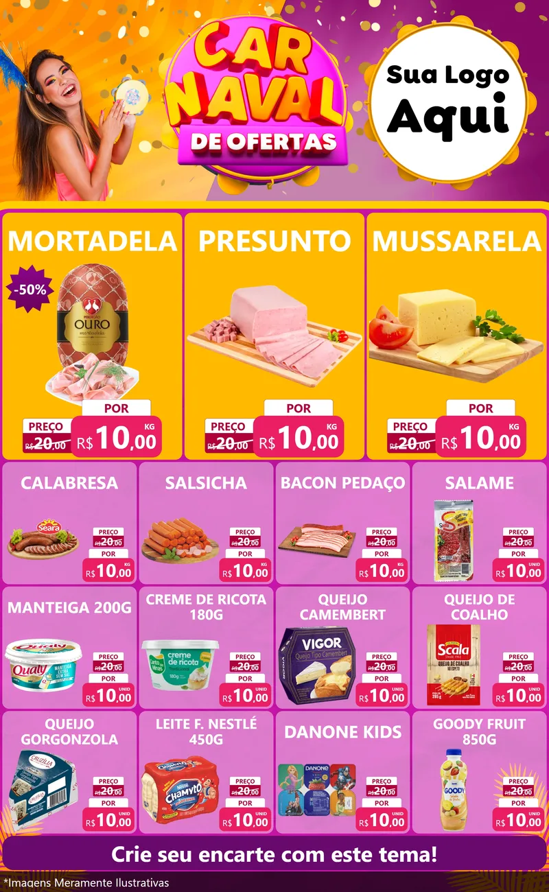 Modelo de Encarte para Encarte Grande com o tema Carnaval de Ofertas para Frios e Laticínios