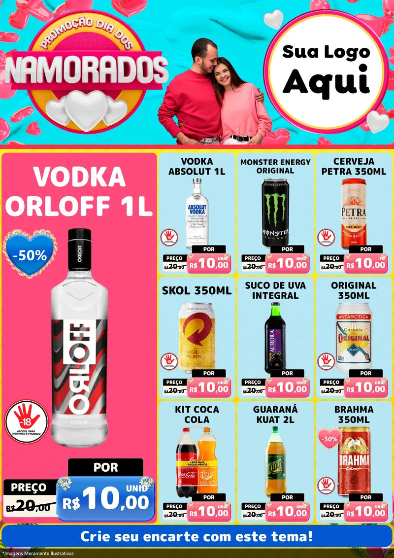 Modelo de Encarte para Encarte A4 Vertical com o tema Promoção Dia dos Namorados para Distribuidora de bebidas
