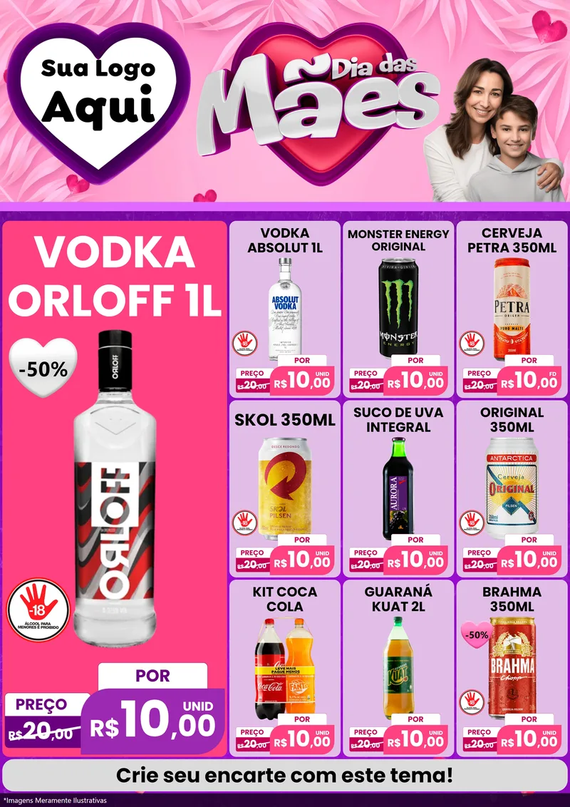 Modelo de Encarte para Encarte A4 Vertical com o tema Dia das Mães para Distribuidora de bebidas