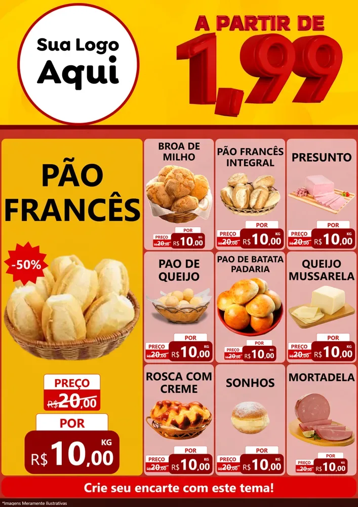 Modelo de Encarte para Encarte A4 Vertical com o tema A Partir de Um e Noventa e Nove - 1,99 para Padaria