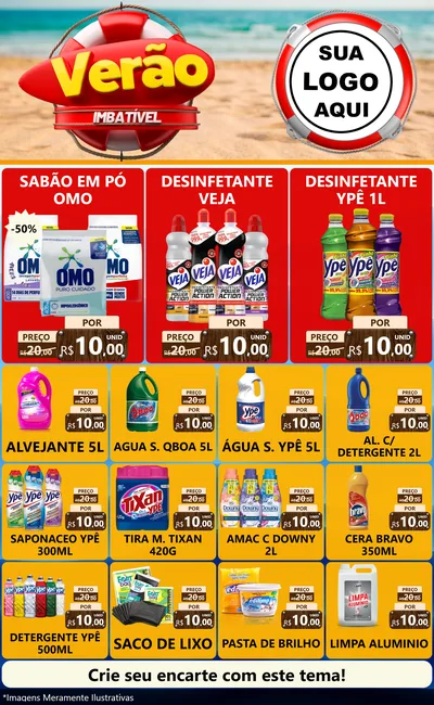 Modelo de Encarte para Encarte Grande com o tema Verão Imbatível para Produtos de Limpeza