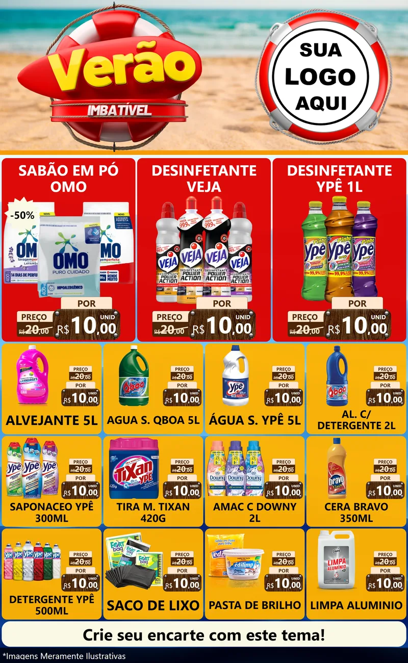 Modelo de Encarte para Encarte Grande com o tema Verão Imbatível para Produtos de Limpeza
