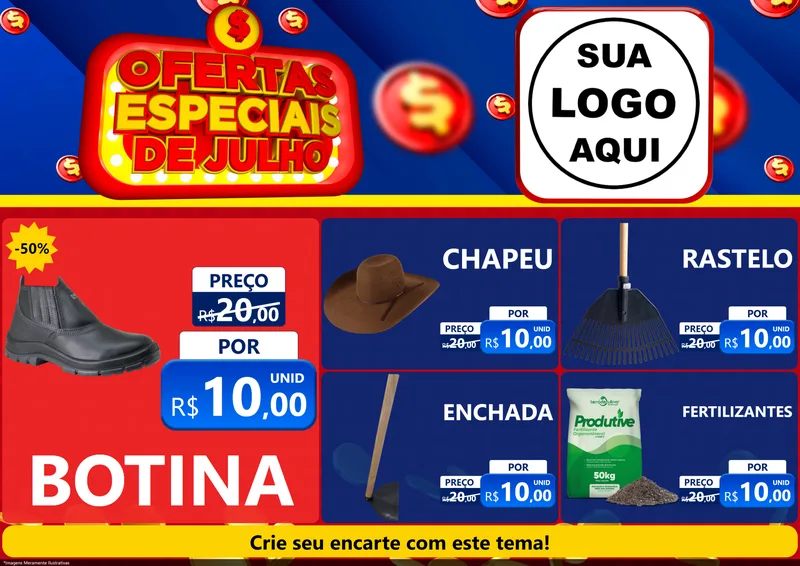 Modelo de Encarte para Encarte A4 Horizontal com o tema Ofertas Especiais de Julho para Agropecuária