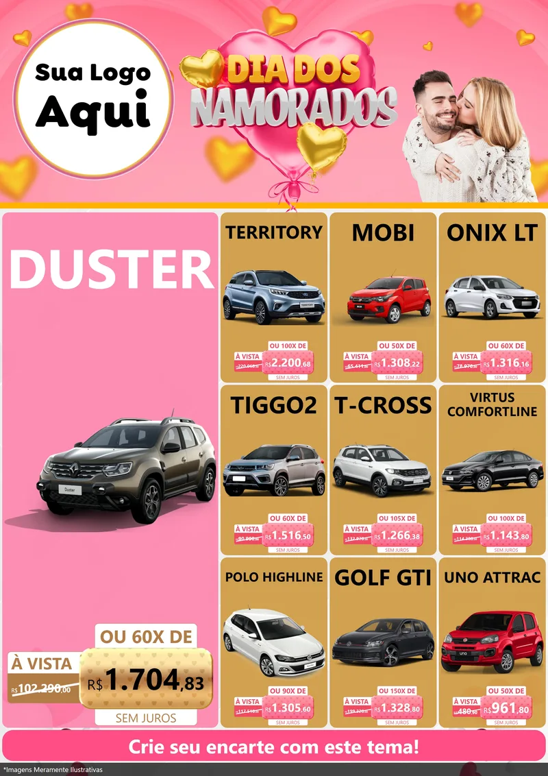 Modelo de Encarte para Encarte A4 Vertical com o tema Dia dos Namorados para Concessionaria de Carros