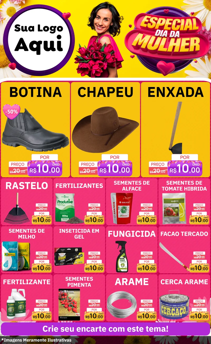 Modelo de Encarte para Encarte Grande com o tema Especial Dia da Mulher para Agropecuária
