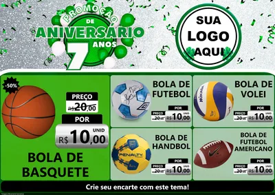 Modelo de Encarte para Encarte A4 Horizontal com o tema Promoção de Aniversário - 7 Anos para Artigos Esportivos