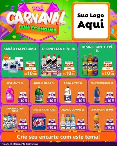 Modelo de Rede Social para Feed Instagram com o tema Pré-Carnaval Com Economia para Produtos de Limpeza