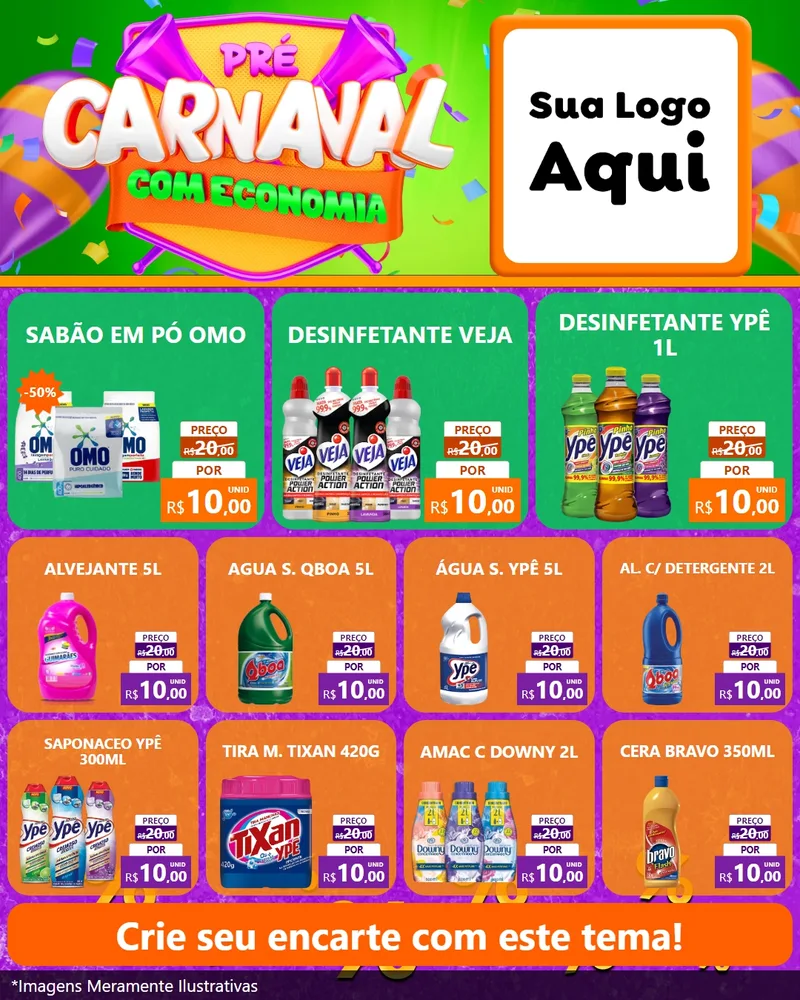 Modelo de Rede Social para Feed Instagram com o tema Pré-Carnaval Com Economia para Produtos de Limpeza