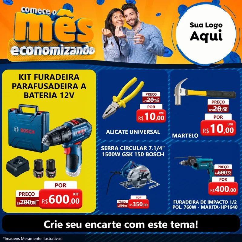 Modelo de Rede Social para Feed Facebook com o tema Comece O Mês Economizando para Maquinas e Ferramentas