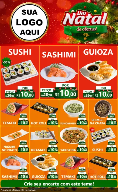 Modelo de Encarte para Encarte Grande com o tema Um Natal de Ofertas para Comida japonesa