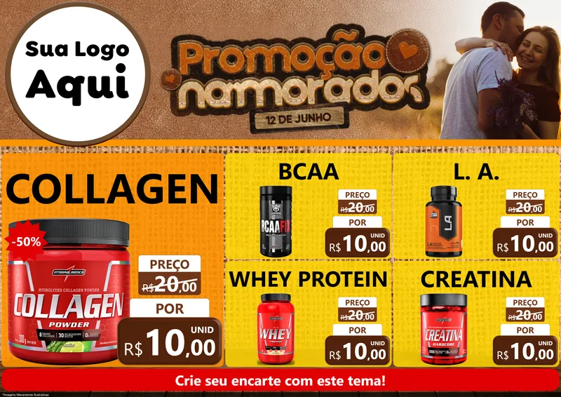 Modelo de Encarte para Encarte A4 Horizontal com o tema Promoção Namorados para Suplementos alimentares