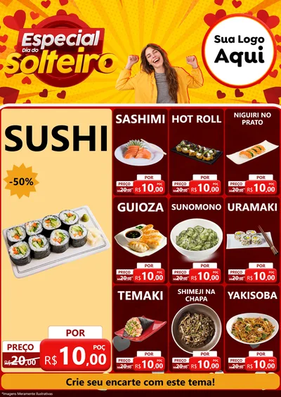 Modelo de Encarte para Encarte A4 Vertical com o tema Especial Dia do Solteiro para Comida japonesa