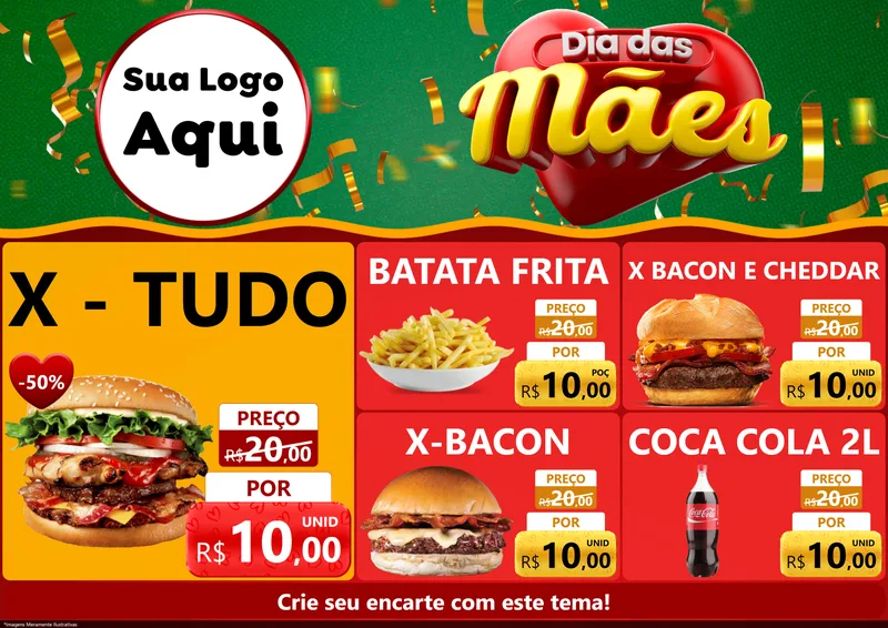 Modelo de Encarte para Encarte A4 Horizontal com o tema Dia das Mães para Hamburgueria