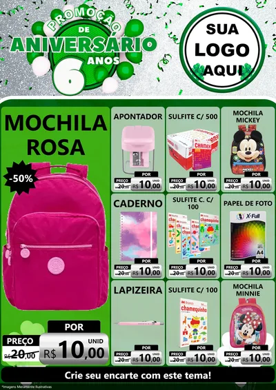 Modelo de Encarte para Encarte A4 Vertical com o tema Promoção de Aniversário - 6 Anos para Papelaria