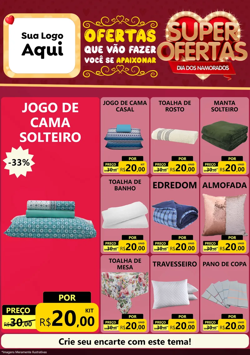 Modelo de Encarte para Encarte A4 Vertical com o tema Dia dos Namorados para Cama, Mesa e Banho