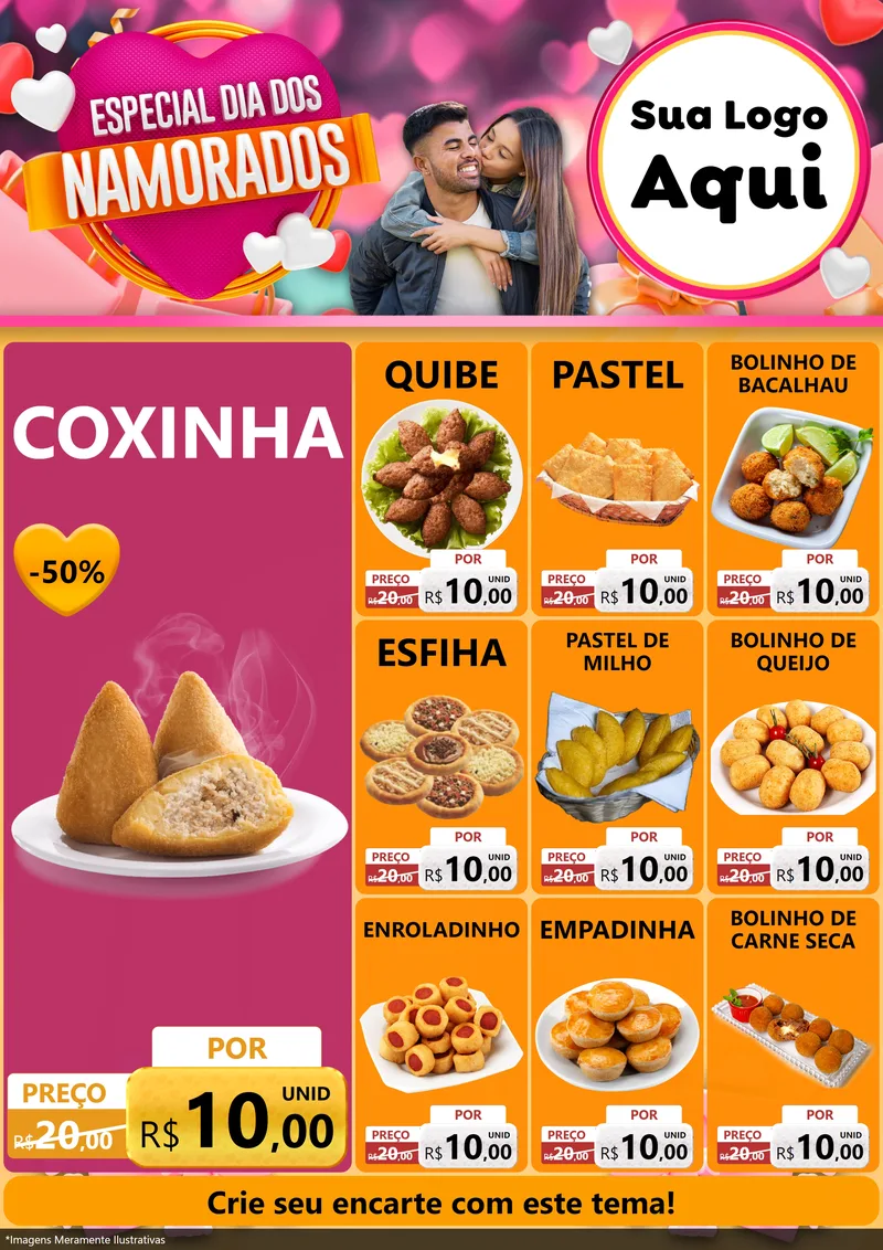 Modelo de Encarte para Encarte A4 Vertical com o tema Especial Dia dos Namorados para Salgadaria