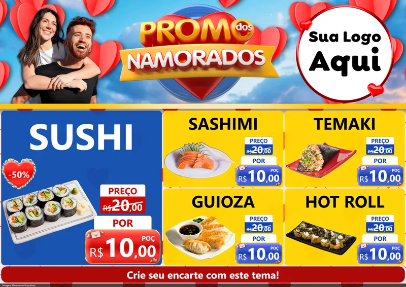 Modelo de Encarte para Encarte A4 Horizontal com o tema Promo dos Namorados para Comida japonesa