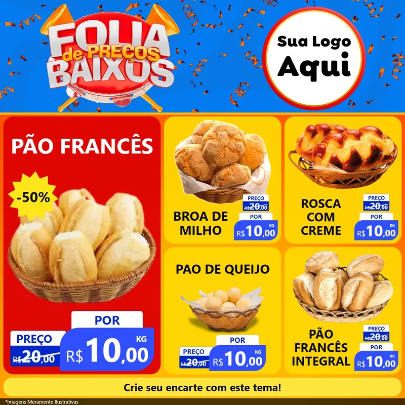 Modelo de Rede Social para Feed Facebook com o tema Folia de Preços Baixos para Padaria
