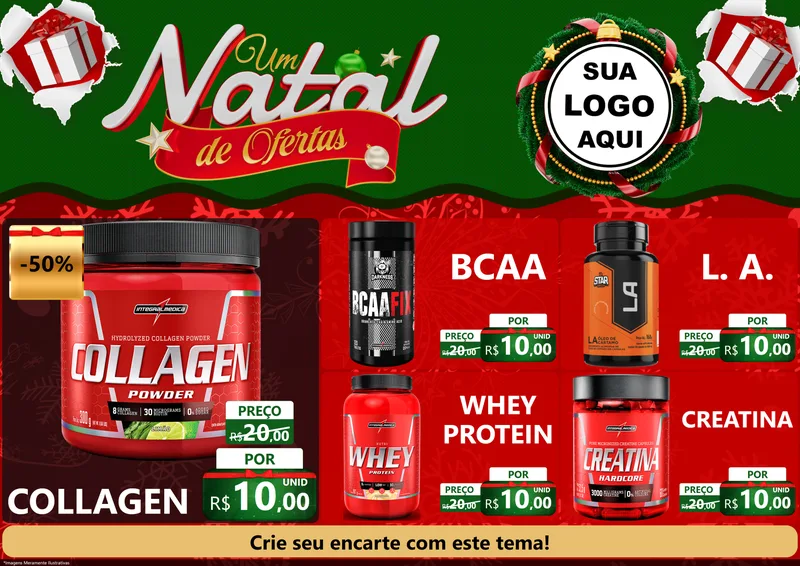Modelo de Encarte para Encarte A4 Horizontal com o tema Um Natal de Ofertas para Suplementos alimentares