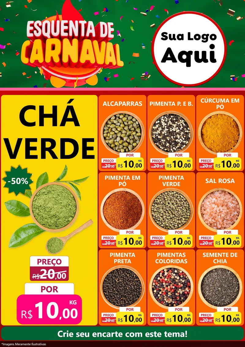Modelo de Encarte para Encarte A4 Vertical com o tema Esquenta de Carnaval para Produtos Naturais