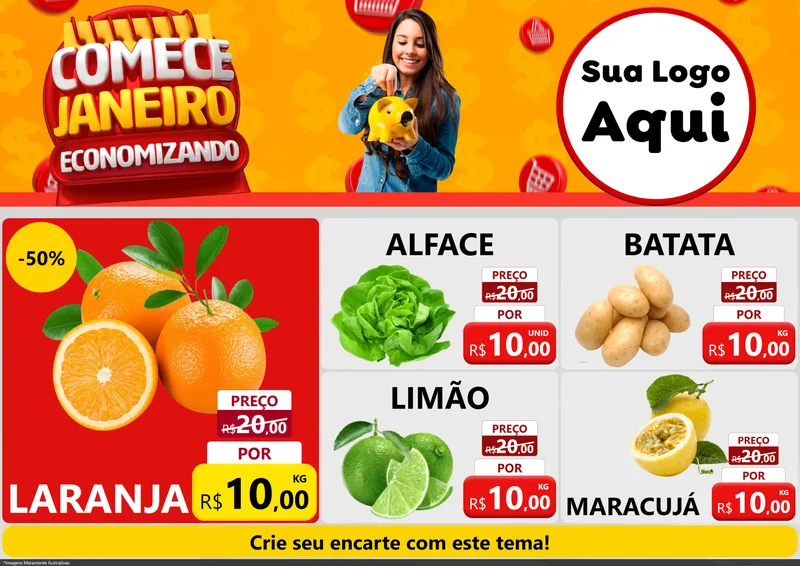 Modelo de Encarte para Encarte A4 Horizontal com o tema Comece Janeiro Economizando para Hortifrúti