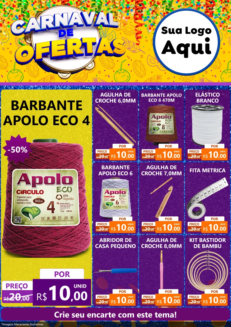 Modelo de Encarte para Encarte A4 Vertical com o tema Carnaval de Ofertas para Armarinho e Aviamentos