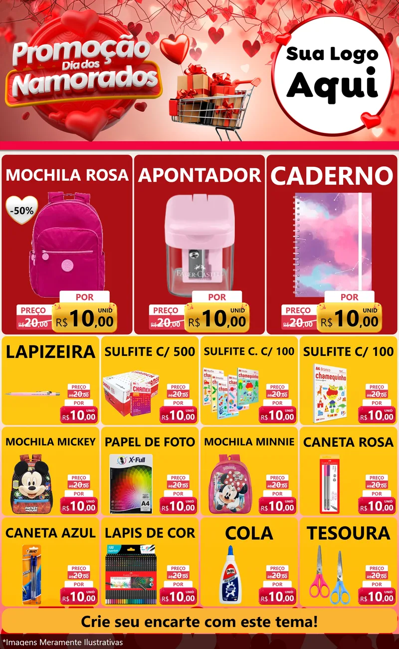 Modelo de Encarte para Encarte Grande com o tema Promoção Dia dos Namorados para Papelaria